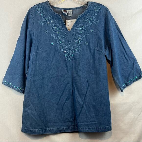 Vintage Denim top with sequin accents and 3/4 sleeves NWT. Size Small - Picture 1 of 6